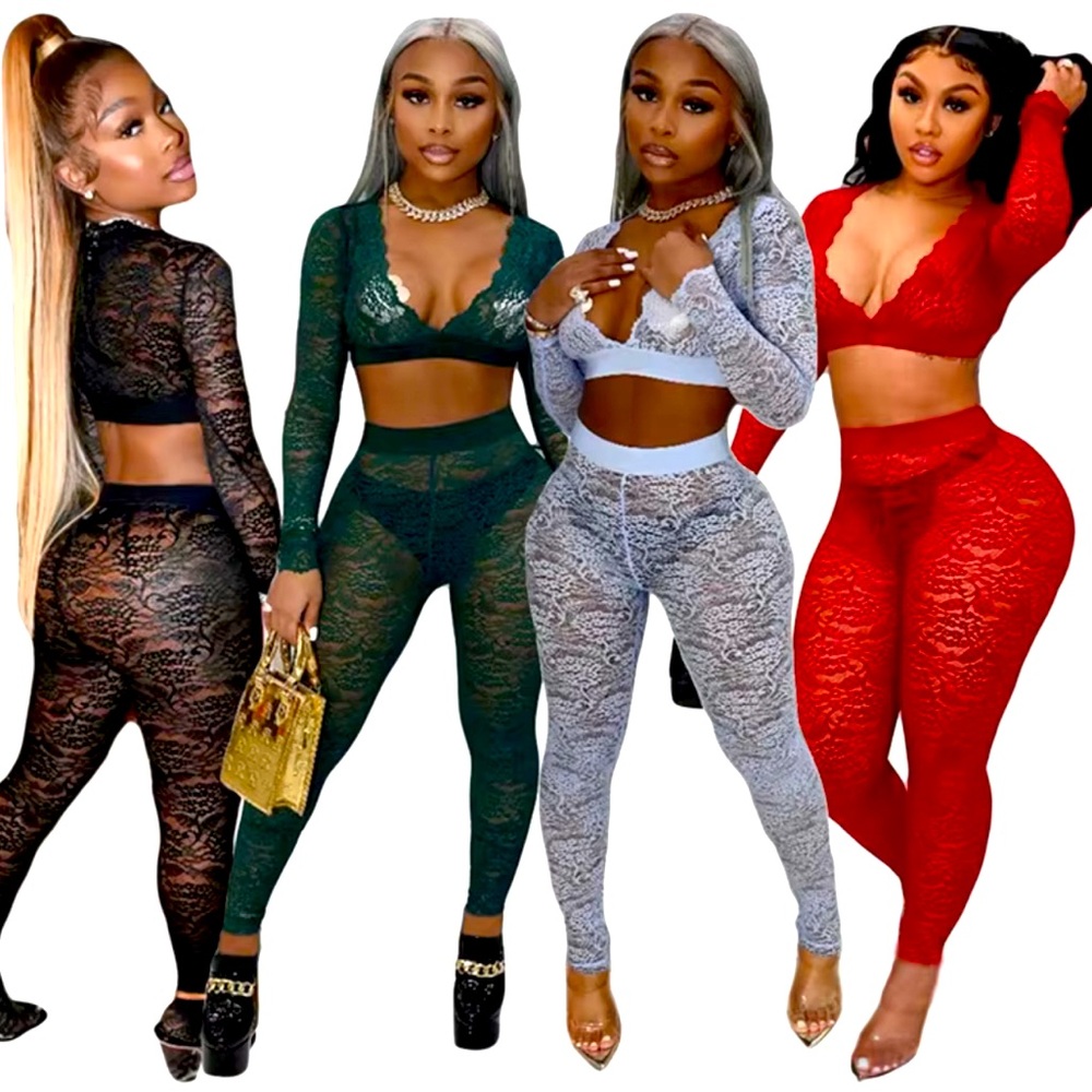 Red Lace Crop Top & Leggings Set for Effortless Elegance